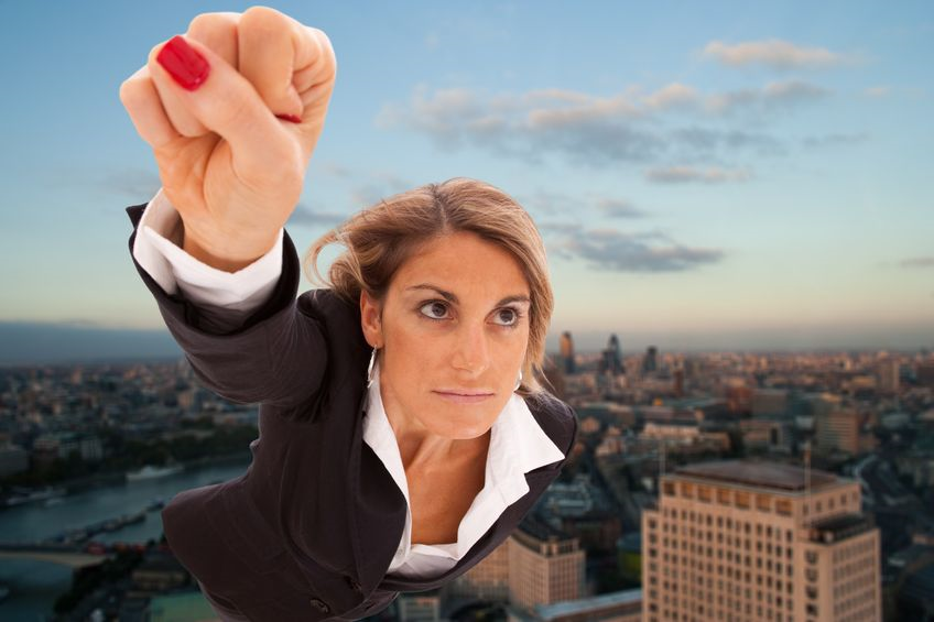 Super Sales Hero - Woman Flying Over City